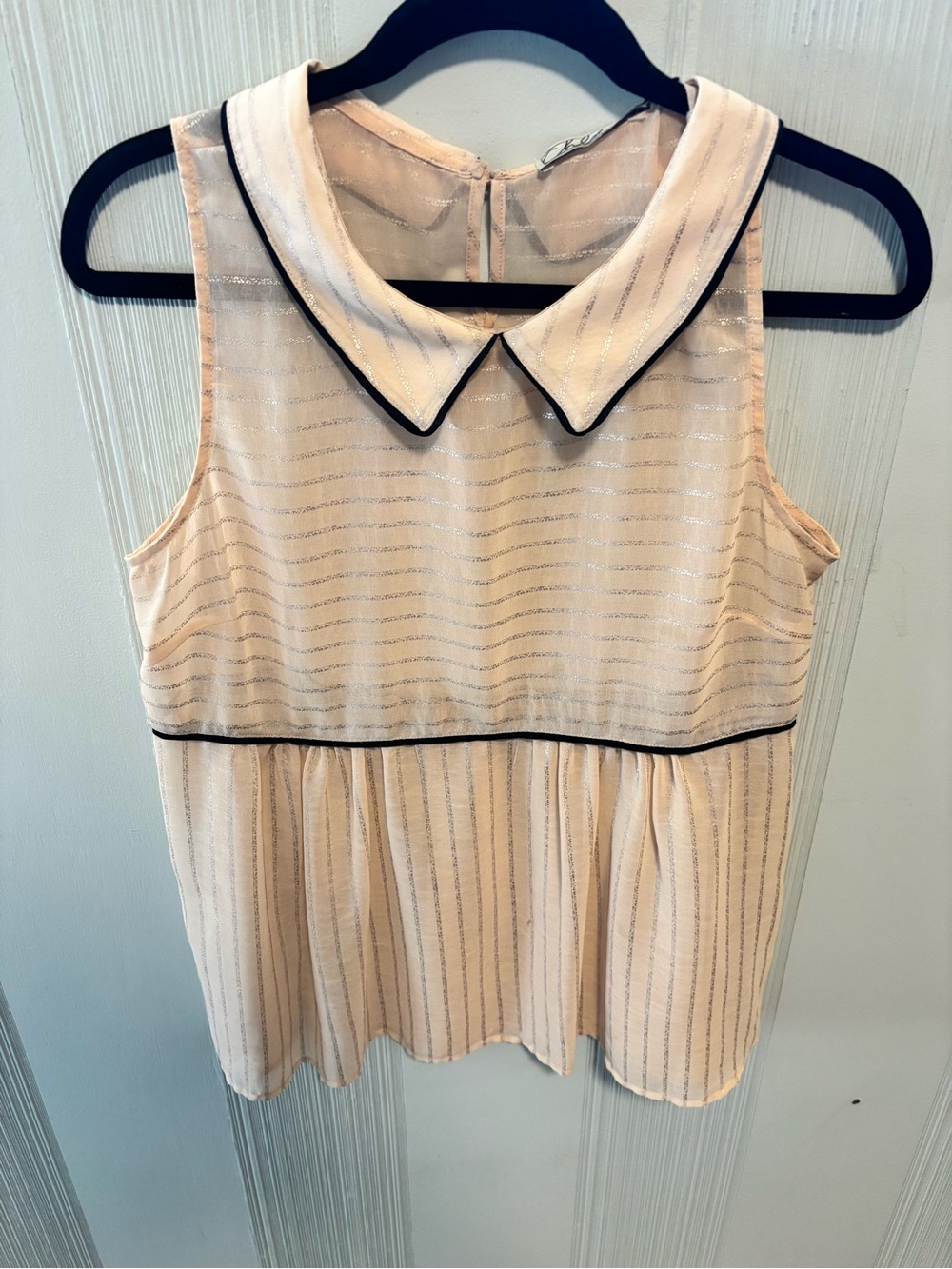 Chloe K Metallic-Striped Peter Pan Collar Camisole in Blush with Black Piping